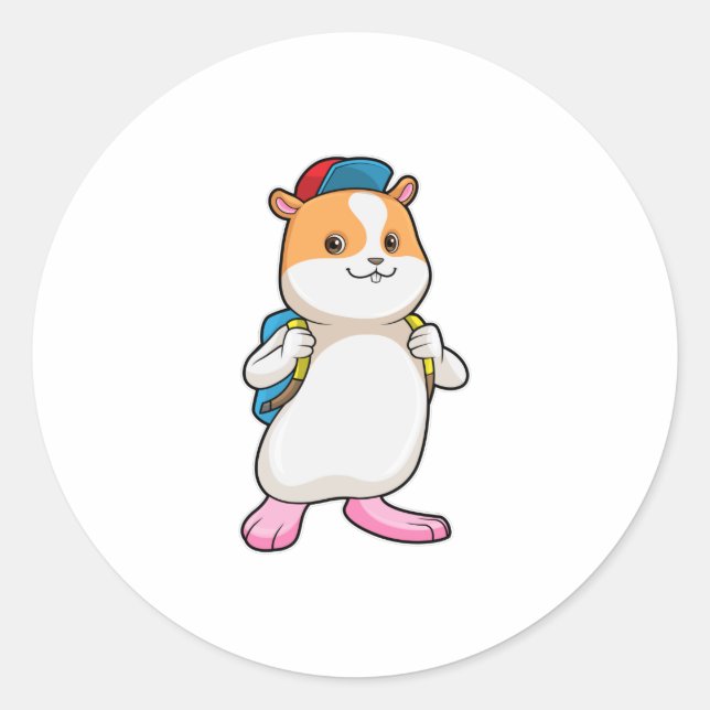 Sticker Rond Hamster en tant qu'étudiant avec sac à dos et Casq (Devant)
