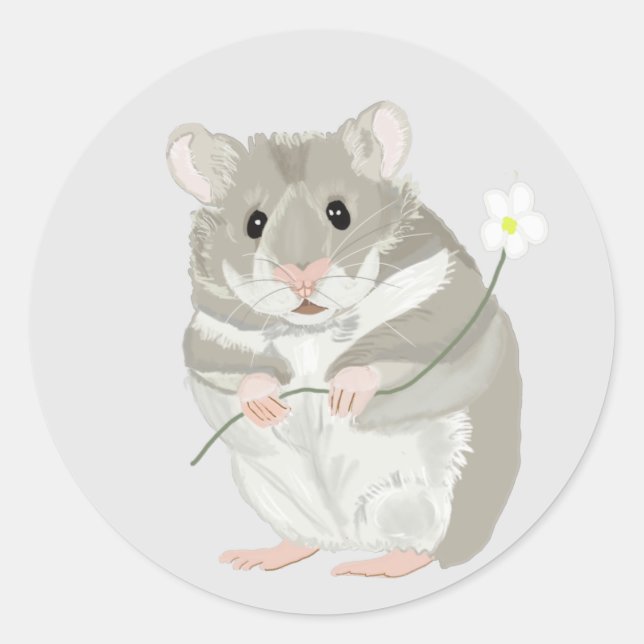 Sticker Rond Hamster gris et blanc mignon tenant une fleur (Devant)