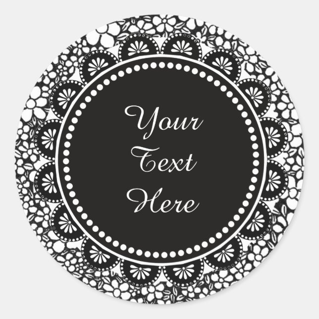 Sticker Rond Hand Drawn Black and White Flower Pattern Custom (Devant)