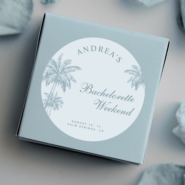 Sticker Rond Hand Drawn Palm Tree Dusty Blue Bachelorette Favor (Créateur téléchargé)