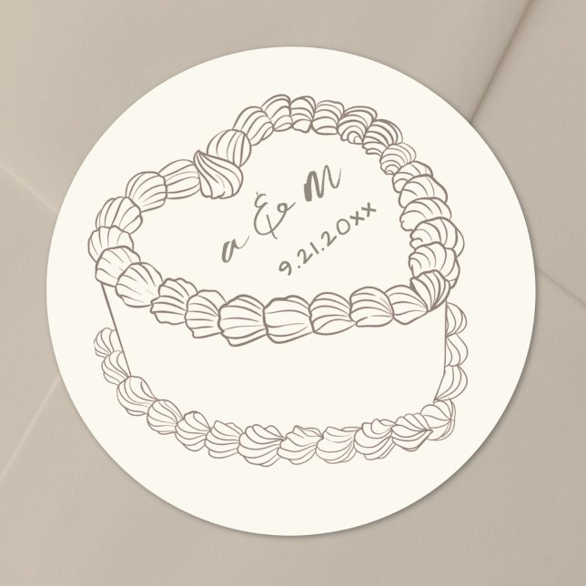 Sticker Rond Hand Drawn Vintage Cake Wedding (Hand Drawn Vintage Cake Wedding Classic Round Sticker)