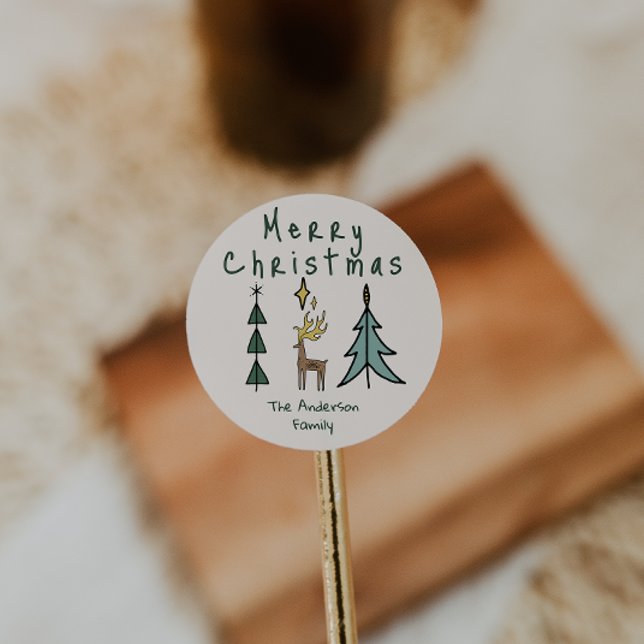 Sticker Rond Hand Painted Abstract Christmas Tree Reindeer (Créateur téléchargé)