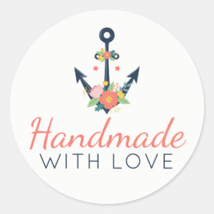 Sticker Rond Handmade With Love Floral Anchor Nautical Faith