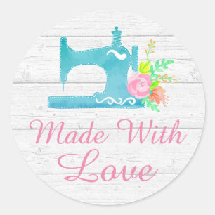 Sticker Rond Handmade With Love Sewing Machine Rustic Wood