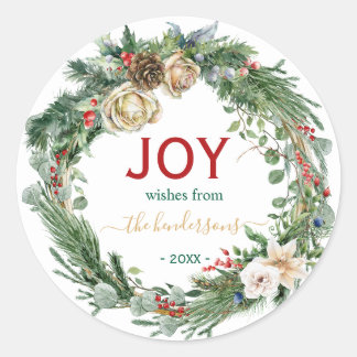 Sticker Rond Handwritten Script Christmas Joy Wreath Name