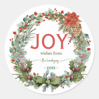 Sticker Rond Handwritten Script Christmas Joy Wreath Name Green