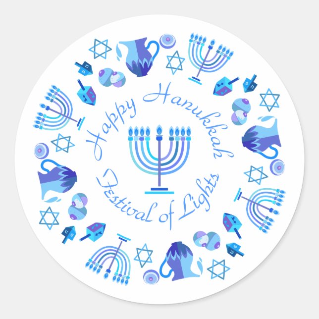 Sticker Rond Hanukkiah Happy Hanoukka Juive Fête Menorah (Devant)