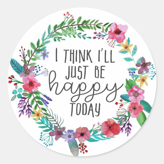 Sticker Rond Happiness citation, Inspirational dit Boho floral (Devant)