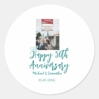 Sticker Rond Happy 50th anniversary photo turquoise bow name da