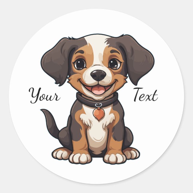 Sticker Rond Happy Animated Puppy Illustration Customizable (Devant)