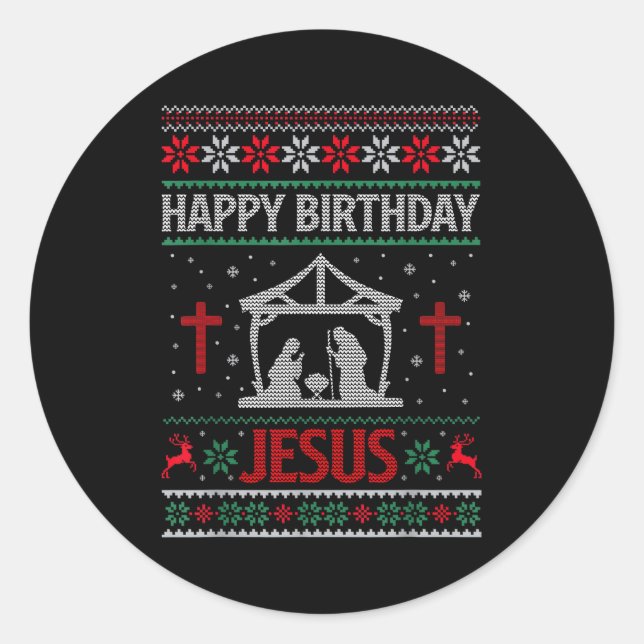 Sticker Rond Happy Birthday Jesus Holiday Ugly Christmas Sweate (Devant)
