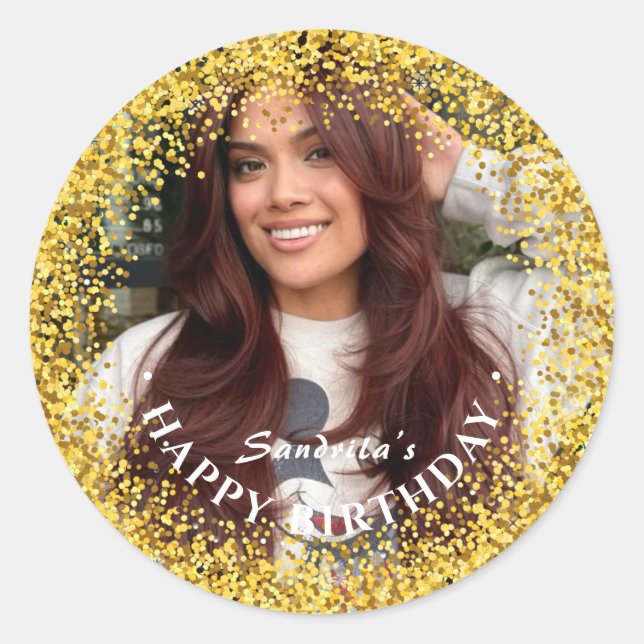 Sticker Rond Happy Birthday Modern Simple Custom Photo (Devant)