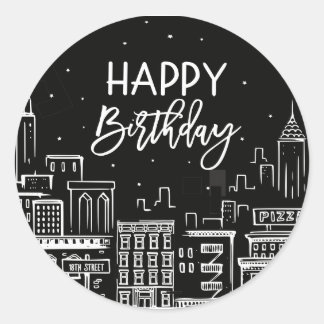Sticker Rond Happy Birthday Night City Scape