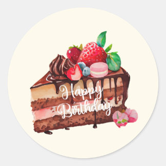 Sticker Rond Happy Birthday Slice of Strawberry Chocolate Cake
