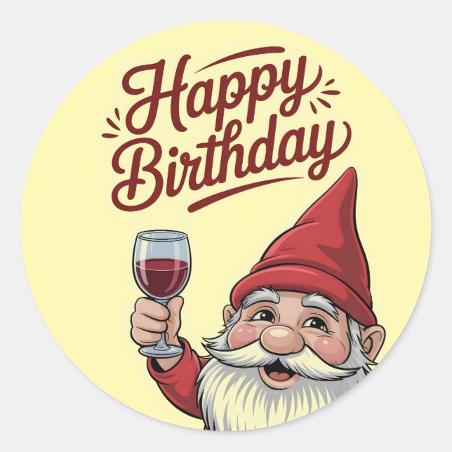 Sticker Rond "Happy Birthday" Wine-Toasting Gnome (Devant)