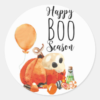 Sticker Rond Happy Boo Season Watercolor Citrouille