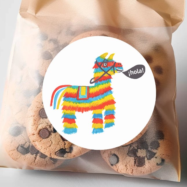 Sticker Rond Happy burro piñata dit "hola" (Happy burro piñata says "hola" classic round sticker
)