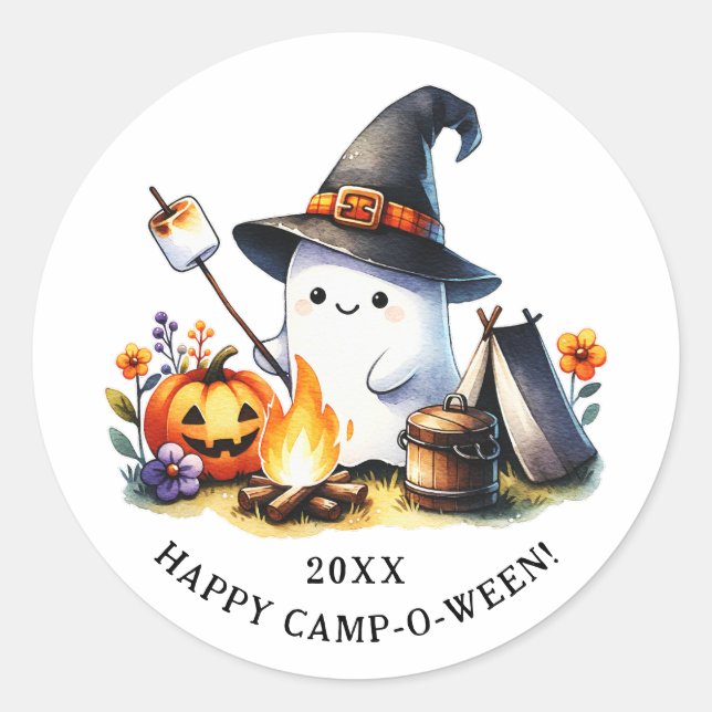 Sticker Rond Happy Camp-o-ween Funny Ghost Camping Halloween (Devant)