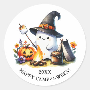 Sticker Rond Happy Camp-o-ween Funny Ghost Camping Halloween