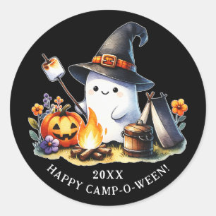 Sticker Rond Happy Camp-o-ween Ghost Camping Halloween Noir