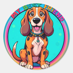 Sticker Rond Happy Cartoon Beagle Dog My Best Friend
