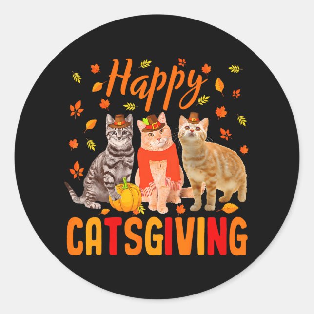 Sticker Rond Happy Catsgiving mignon Thanksgiving Cat Wears (Devant)