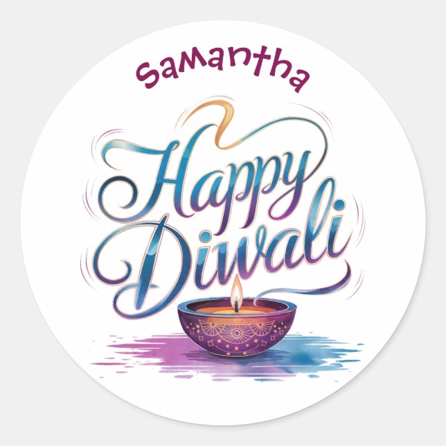 Sticker Rond Happy Diwali customisable white  (Devant)