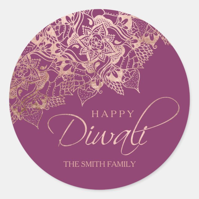 Sticker Rond Happy Diwali typographie rose or mandala violet (Devant)