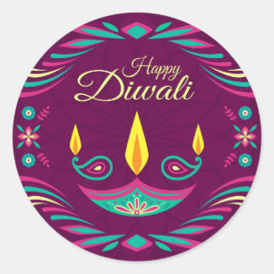 Sticker Rond Happy Diwali violet bougie plat illustration