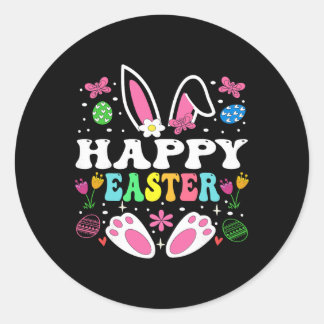 Sticker Rond Happy Easter Day, Cute Colorful Egg Hunting Women 