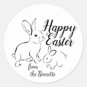 Sticker Rond Happy Easter Line Art Bunny Rabbit Nom modifiable