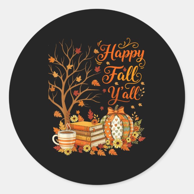 Sticker Rond Happy Fall Y'all Floral Pumpkin Autumn Coffee  (Devant)
