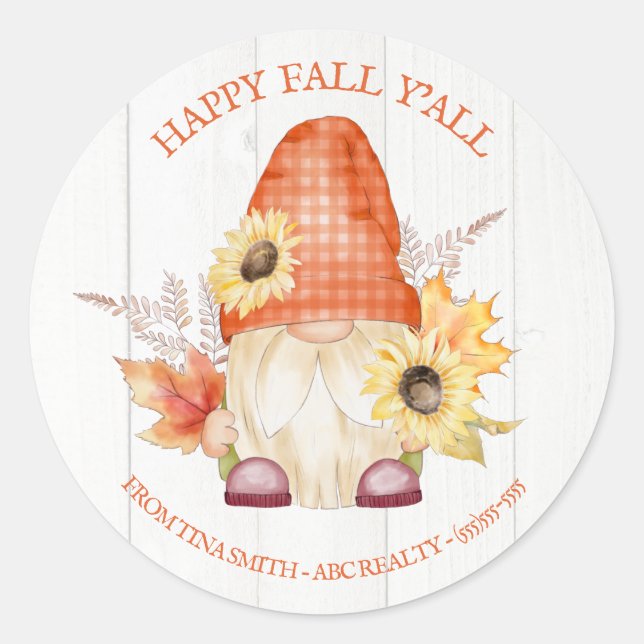 Sticker Rond Happy Fall Y'All Gnome Pop By (Devant)