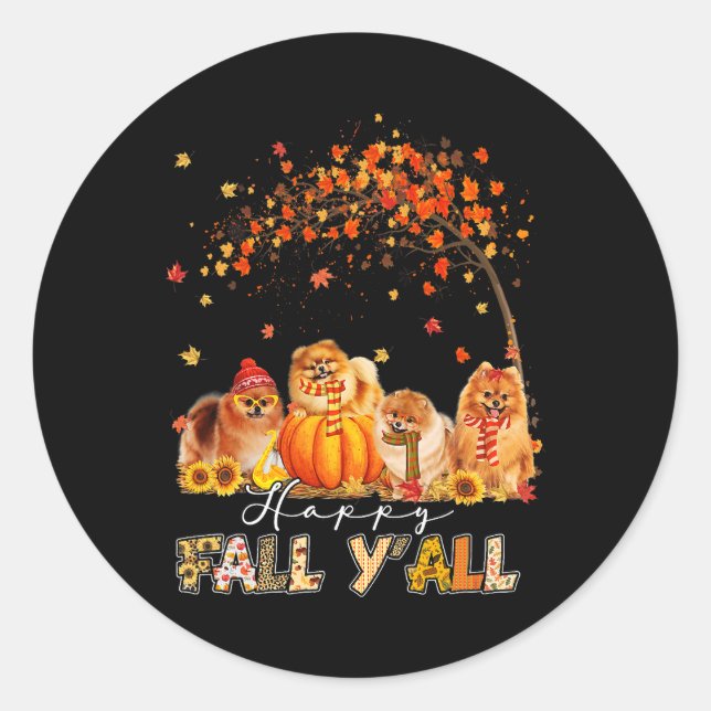 Sticker Rond Happy Fall Yall Pomeranian Automne Lover Citrouill (Devant)