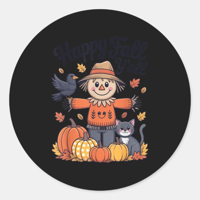 Sticker Rond Happy Fall Y'all Thanksgiving Halloween Femmes Hom (Devant)