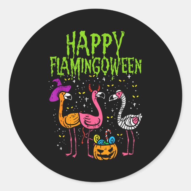 Sticker Rond Happy Flamingoween Y Flamingos Funny Halloween Cos (Devant)