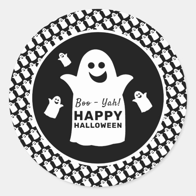 Sticker Rond Happy Ghost, Black Halloween Party (Devant)