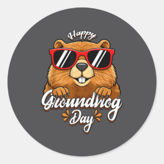 Sticker Rond Happy Groundhog Day Funny Groundhog Sungles Cute K
