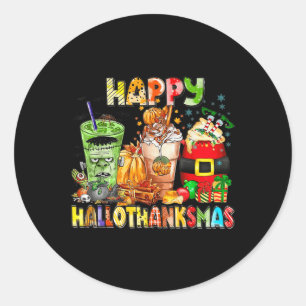 Sticker Rond Happy Hallothanksmas Coffee Halloween Thanksgiving