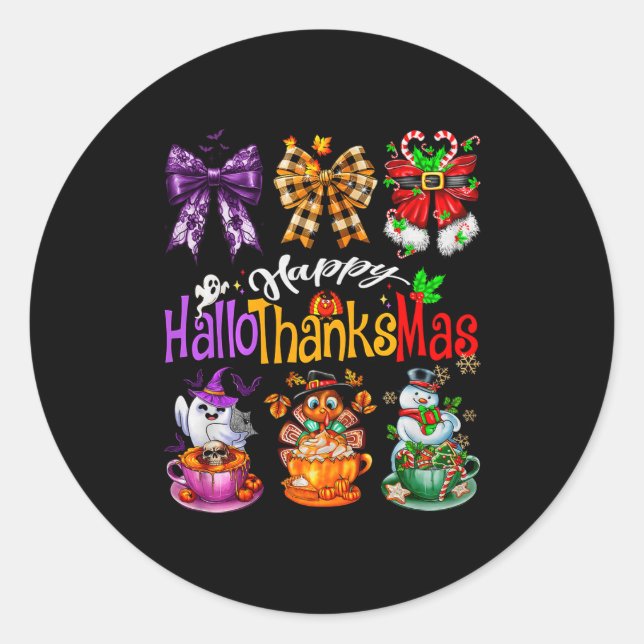Sticker Rond Happy Hallothanksmas Coquette Bow Coffee Latte Can (Devant)