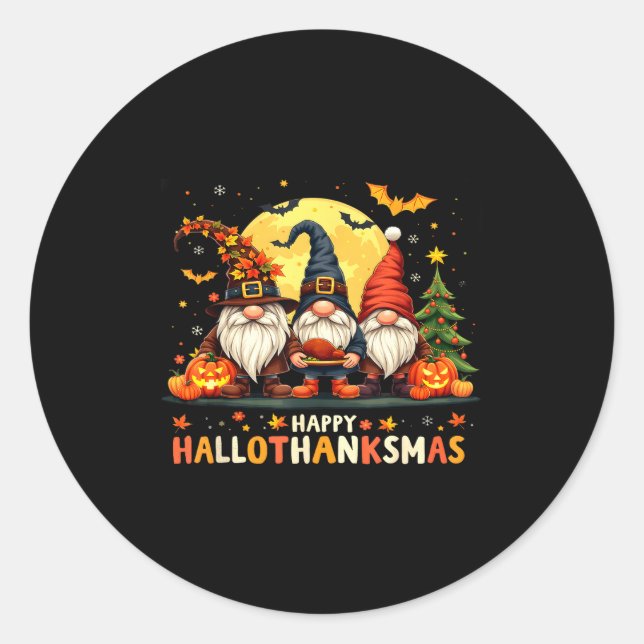 Sticker Rond Happy Hallothanksmas Gnomes Halloween Thanksgiving (Devant)