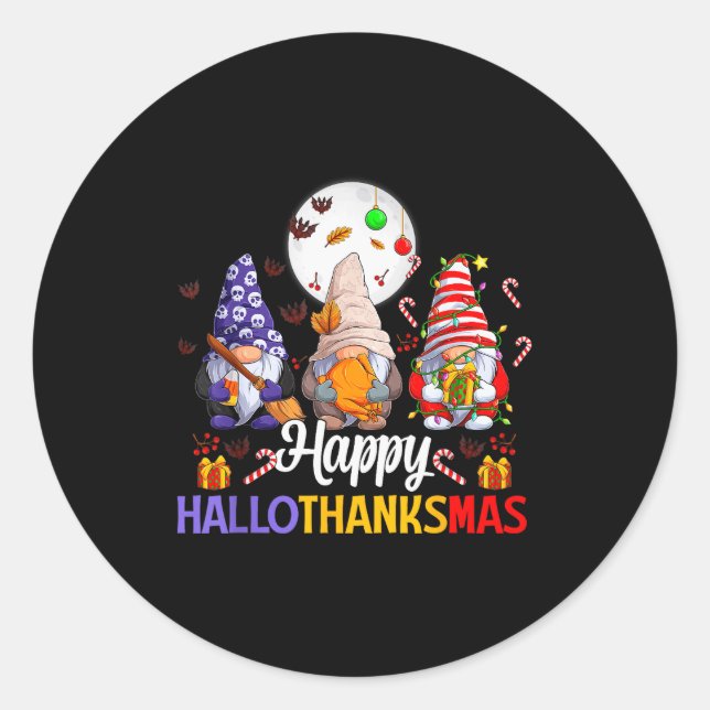 Sticker Rond Happy Hallothanksmas Gnomes Lover Halloween Merry  (Devant)