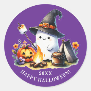 Sticker Rond Happy Halloween Camping mignon Fantôme mauve