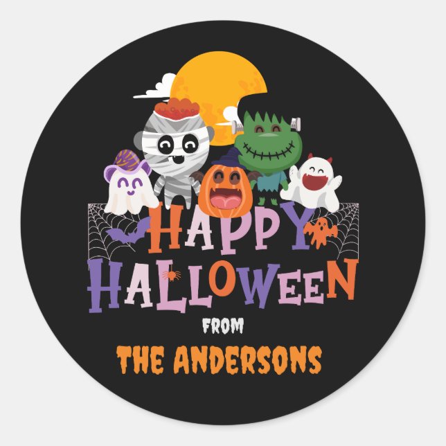 Sticker Rond Happy Halloween Caractères Personnalisé Nom de fam (Devant)