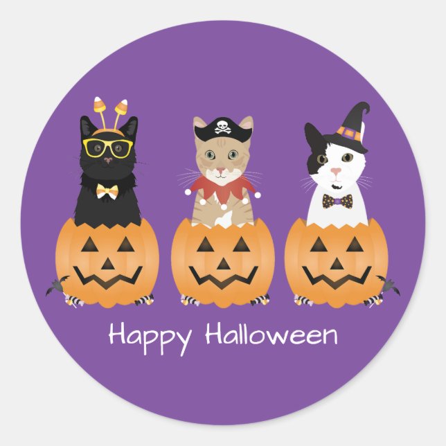 Sticker Rond Happy Halloween Cats Jack-o'-lantern (Devant)