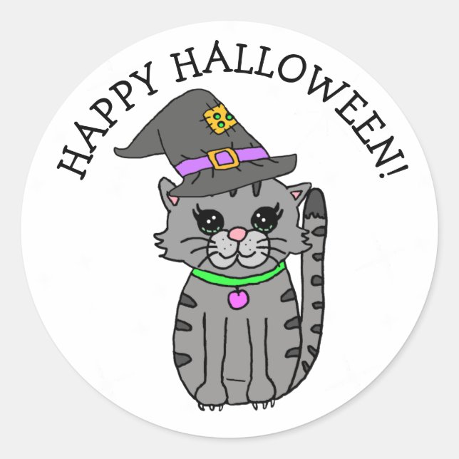 Sticker Rond Happy Halloween Chat dans le Casquette de Witch (Devant)