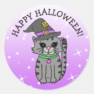 Sticker Rond Happy Halloween Chat dans le Casquette de Witch