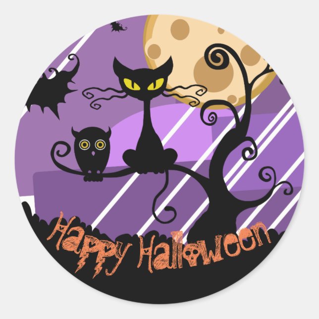 Sticker Rond Happy Halloween Chat noir, chauves-souris, feuille (Devant)