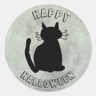 Sticker Rond Happy Halloween Chat noir et Pleine lune