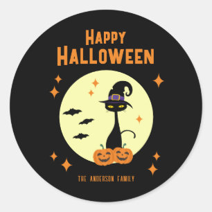 Sticker Rond Happy Halloween Chat noir personnalisé